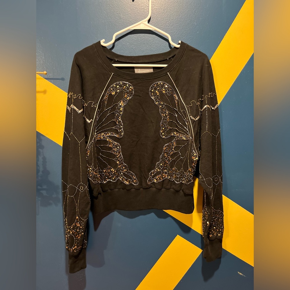 By Anthropologie Black & Golden Sequins Butterfly Sweatshirt NWOT - Picture 2 of 8
